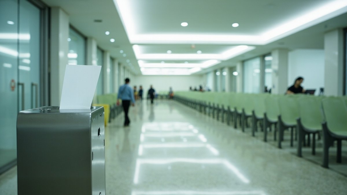 Queue ticket dispenser inside a land office public hall