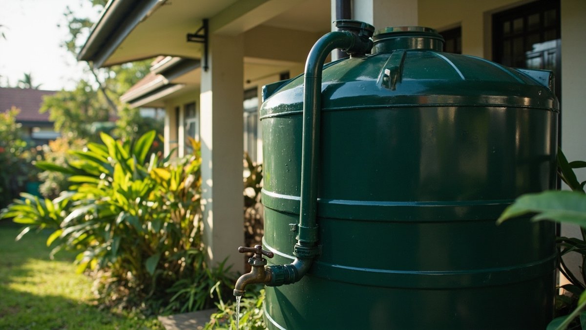 Covered rainwater tank fed by a green downpipe beside a landed house