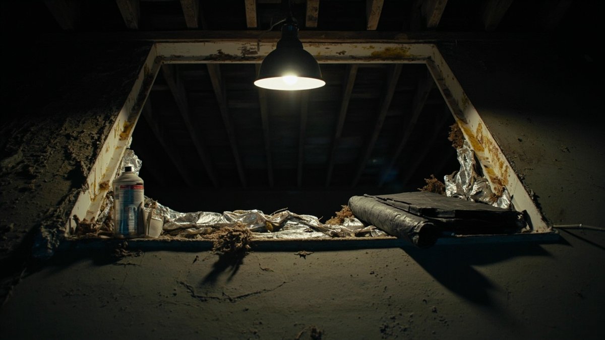 Opened ceiling hatch into a roof void with shredded insulation and a stained ceiling board, bags and spray bottle on the rim