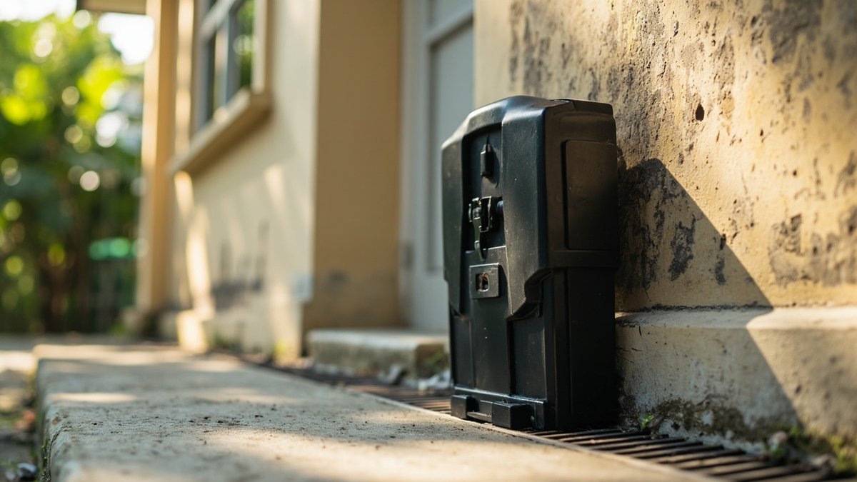 Tamper-resistant rodent bait station placed along a house wall