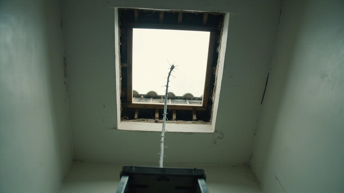 A gnawed electrical cable hanging through an opened ceiling access panel above a step ladder