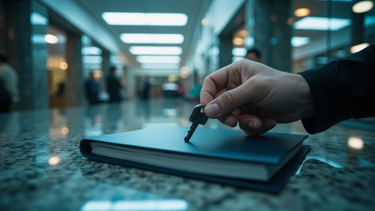 House key placed on a closed folder at a bank counter when refinancing a property