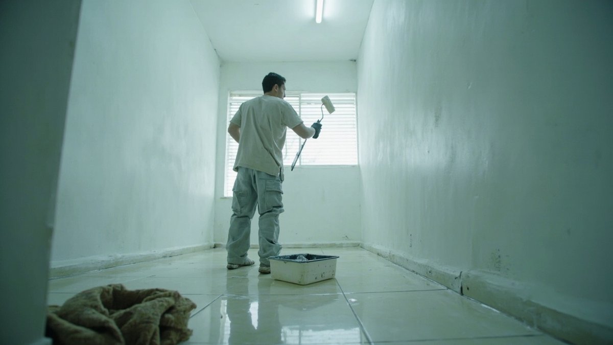 Painter rolling fresh white paint onto a wall inside an empty rental unit