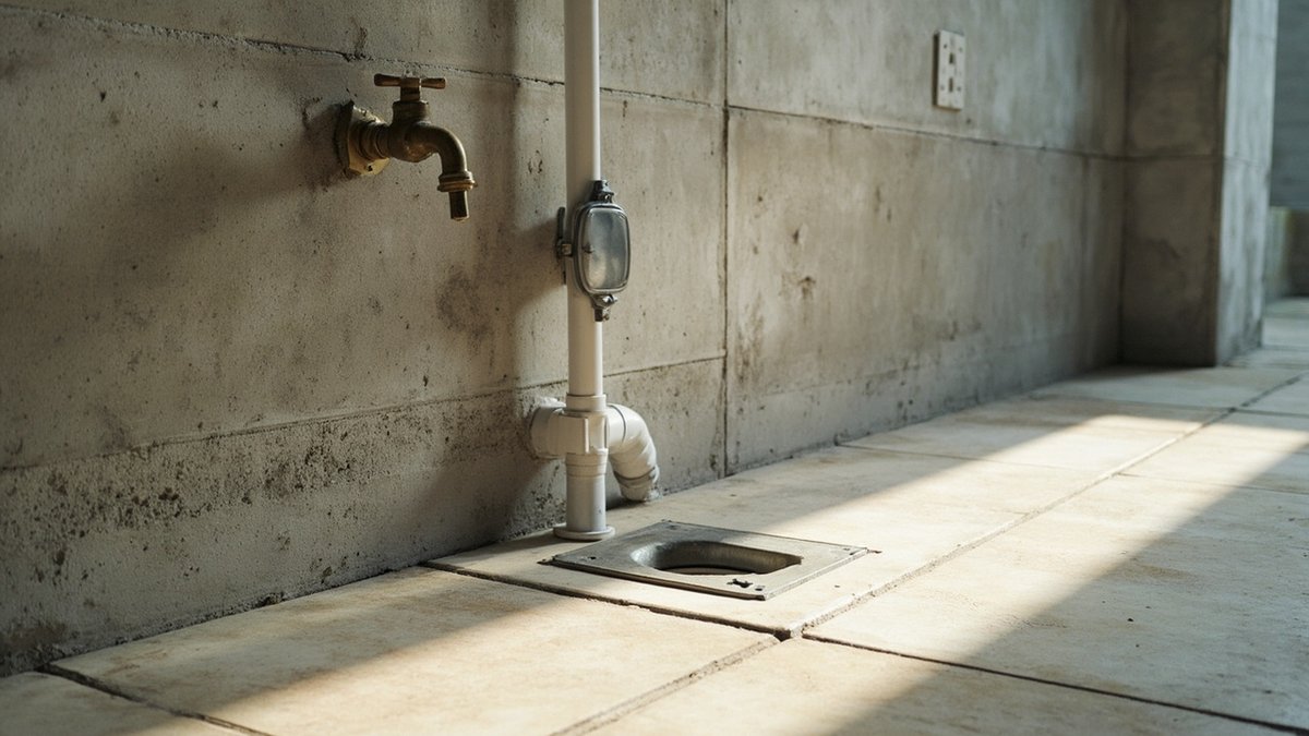 Paip, standpipe buangan dan soket mesin basuh baru disediakan di yard utiliti