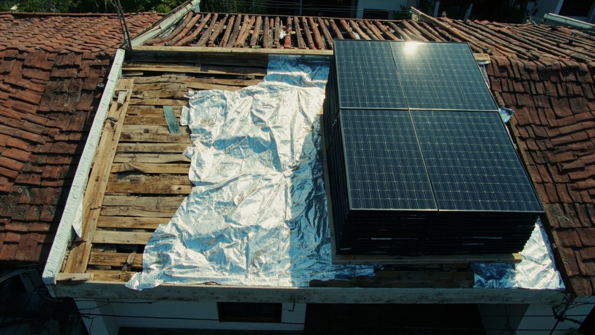 Overhead view of a terrace roof half stripped for re-roofing with solar panels stacked beside it