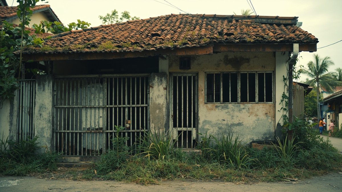 Neglected terrace house exterior with rusted grilles and a sagging gutter, before renovation