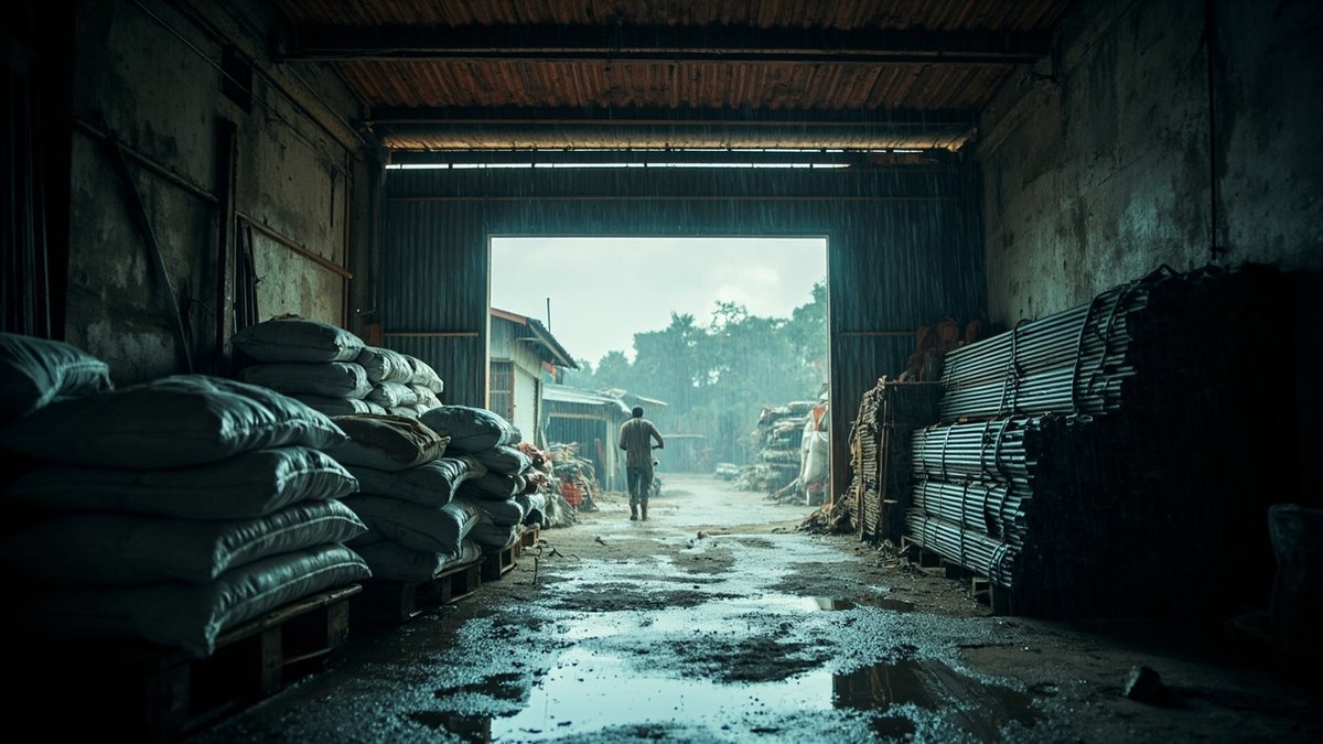 Stacked cement bags and steel bars sheltered from heavy rain in a materials yard