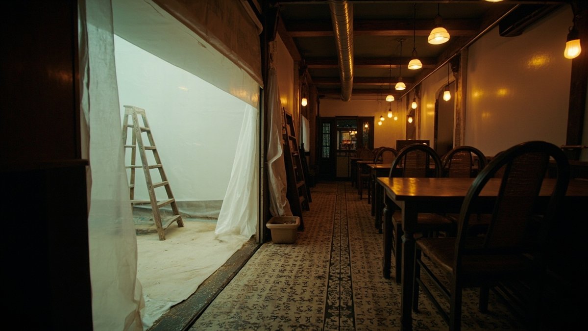 Cafe at night with half the dining area screened off for renovation and the other half set for trading