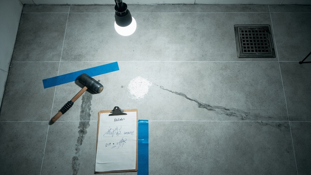 New condo bathroom floor with a taped crack, a tile-tapping hammer and a handwritten defect list