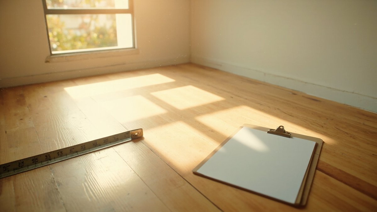 Tape measure stretched across an empty room floor beside a blank clipboard