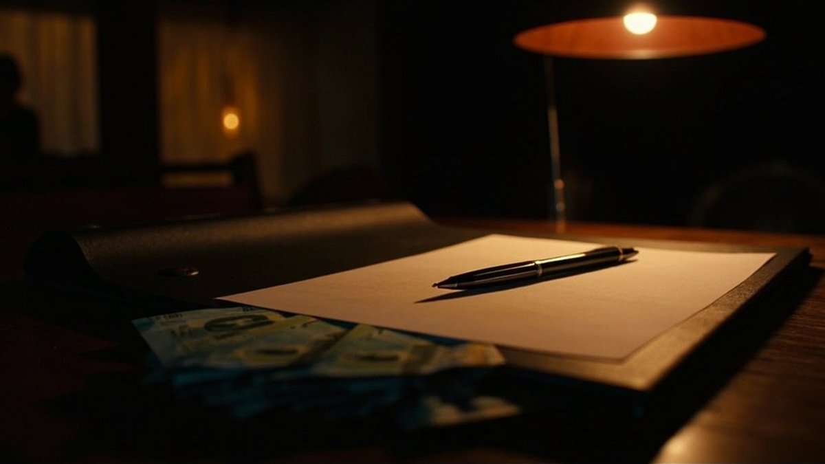 Pen resting on a closed contract folder beside ringgit notes for a deposit