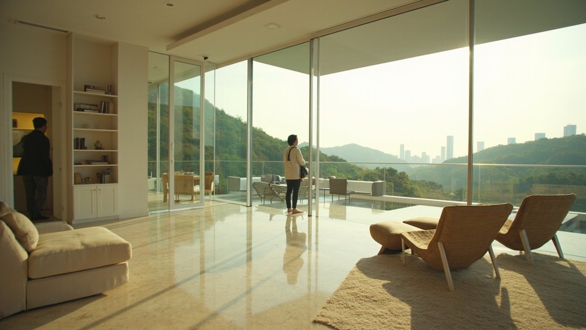 Freshly refurbished high-rise condo living room in Ampang with neutral finishes and a hillside view
