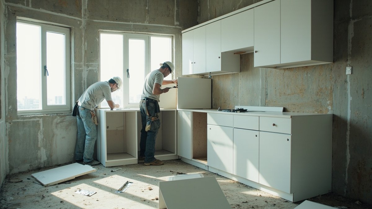 Carpenters installing new kitchen cabinets in a bare-shell Ara Damansara condominium unit