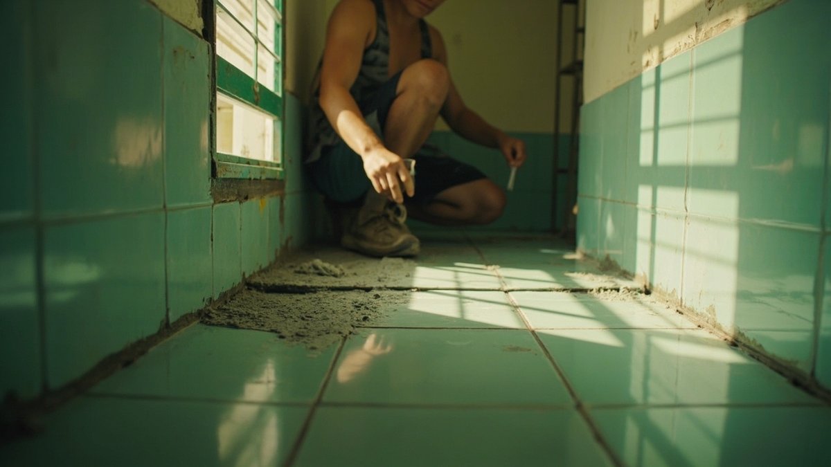 Tiler retiling the bathroom wall of an older single-storey terrace house in Balakong