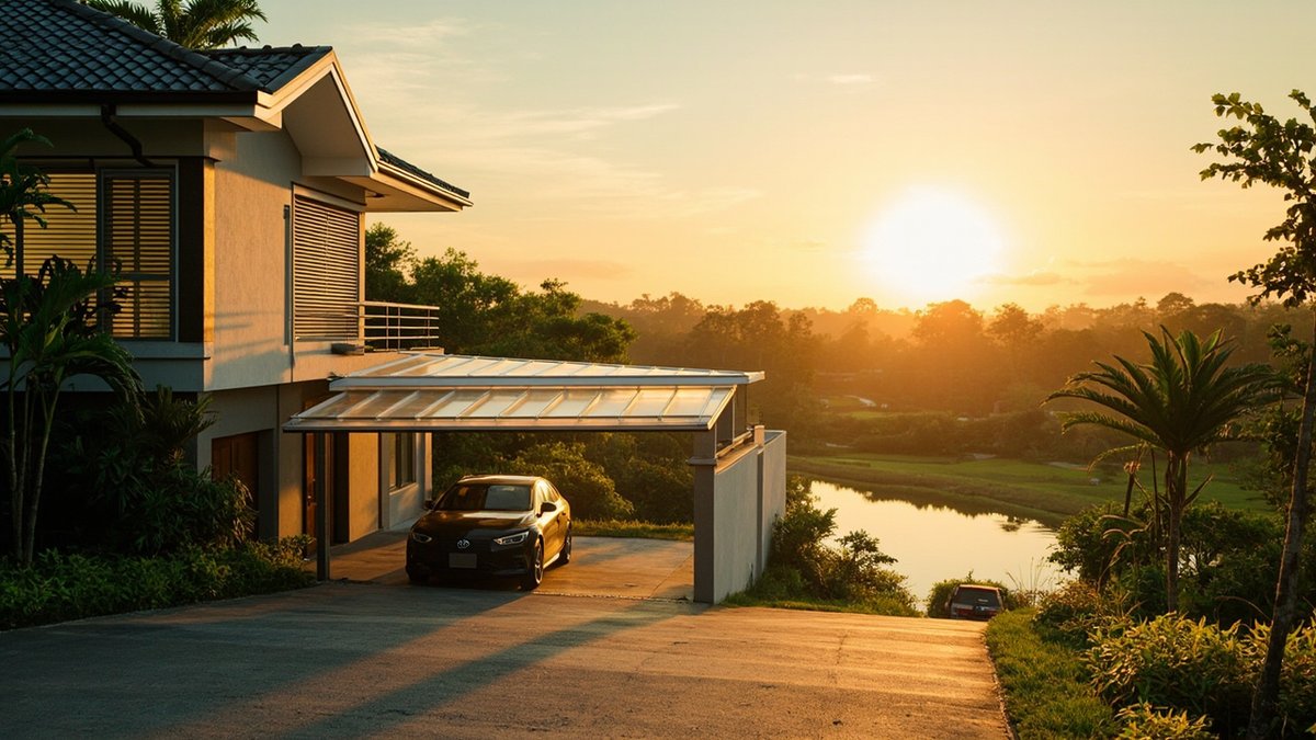 New car porch roof extension on a semi-detached house facing a park in Bandar Botanic