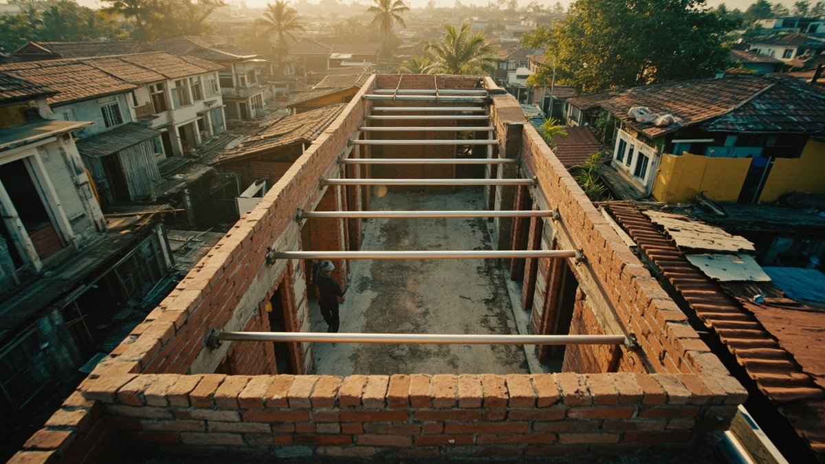 Brick rear extension under construction behind a double-storey terrace house in Bandar Mahkota Cheras