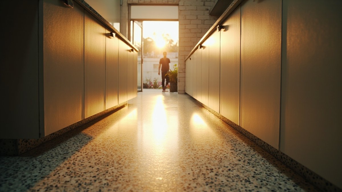 Renovated kitchen with original terrazzo floor in an older single-storey terrace house in Bangi