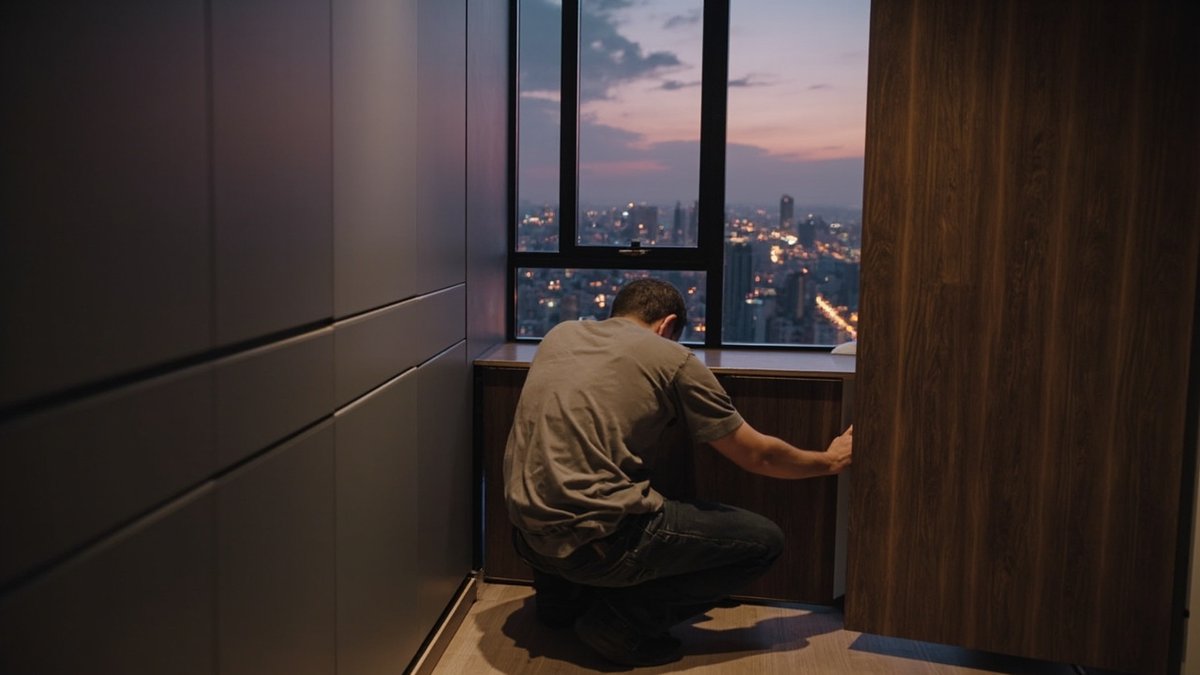 Built-in wardrobe being installed in an open-plan serviced apartment in Bangsar South