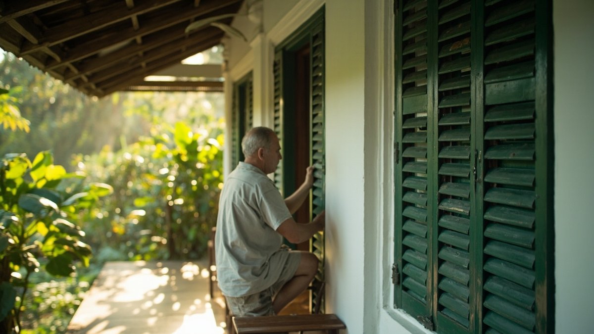 Craftsman restoring timber louvred windows on an old colonial-style bungalow in Bangsar