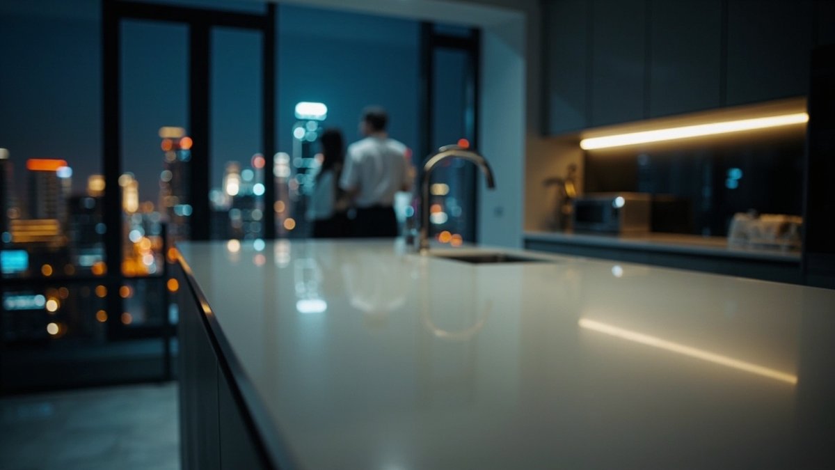 New handle-less kitchen fit-out in a high-rise investor condo in Bukit Jalil at night