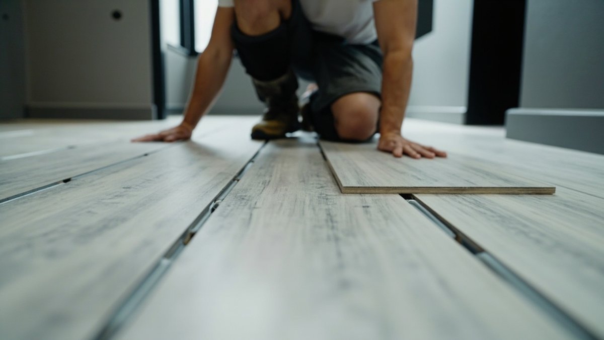 Installer laying grey SPC vinyl plank flooring in a Cyberjaya serviced apartment