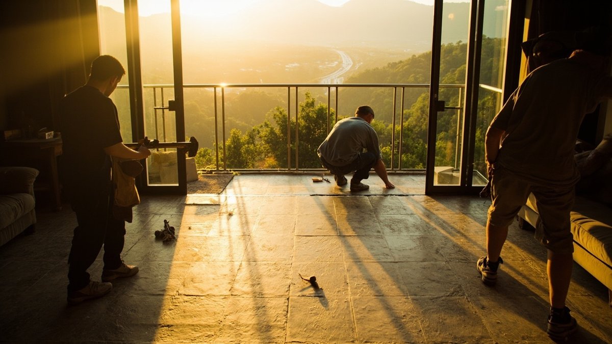 Hillside condominium balcony being re-tiled with an elevated valley view in Damansara Perdana