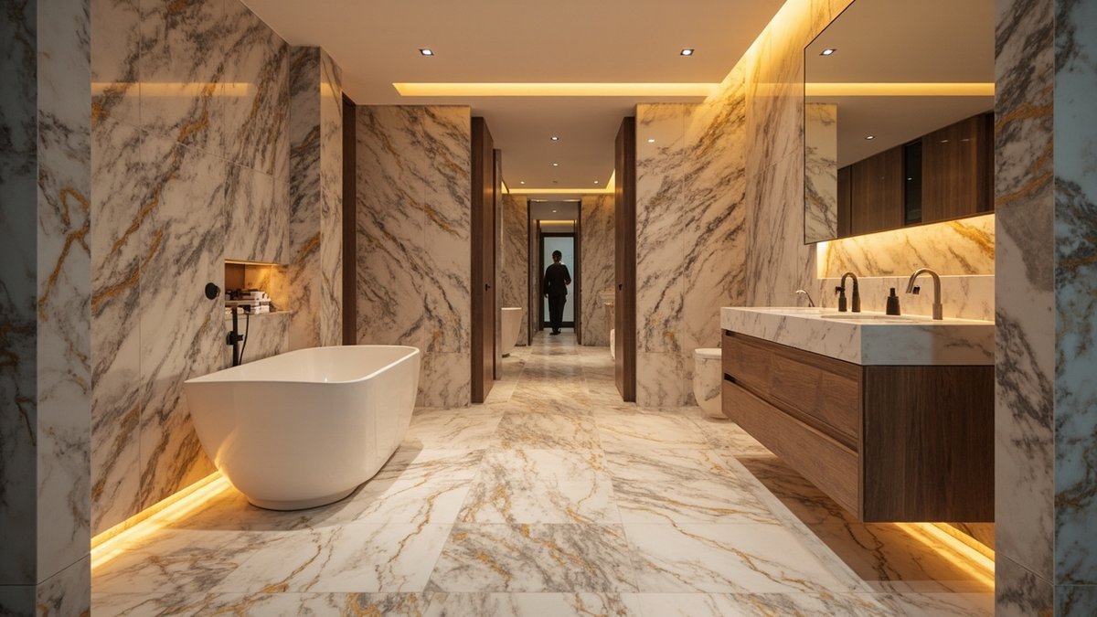 Designer bathroom with a freestanding bathtub in a high-end landed home in Damansara