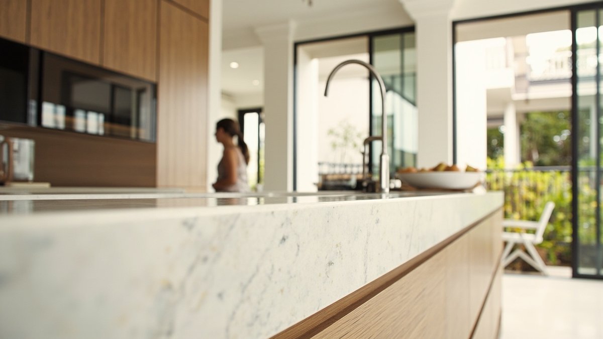 Premium kitchen with an engineered stone island and white-oak cabinets in a Desa ParkCity townhouse