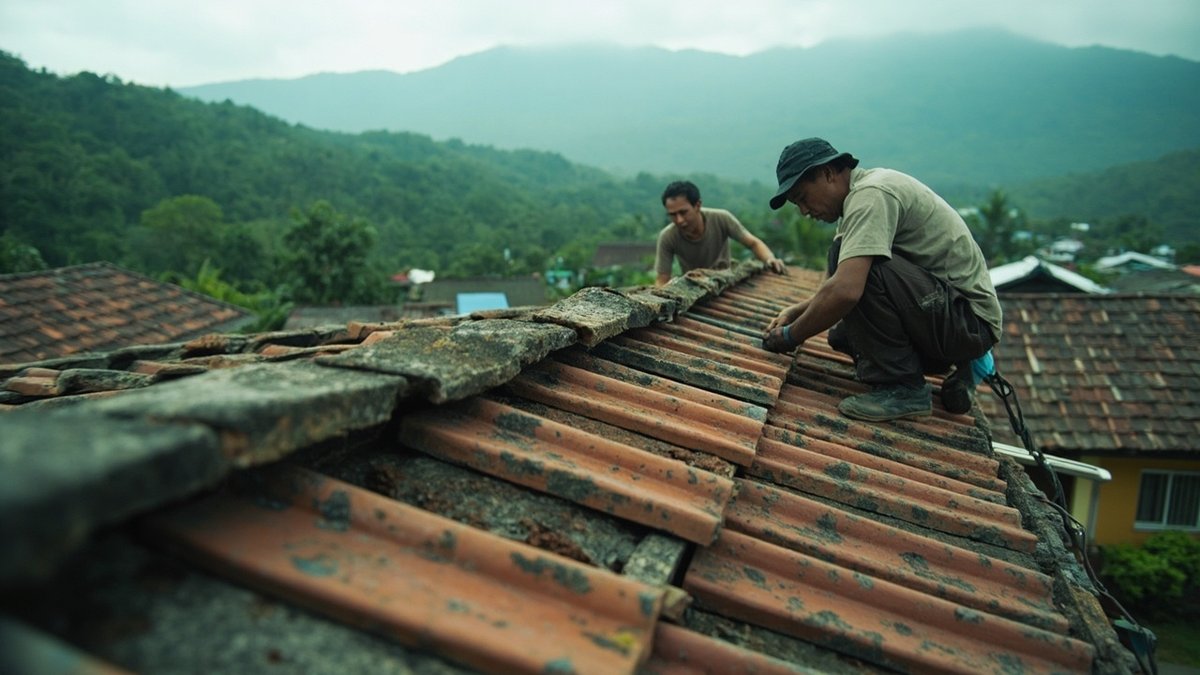 Roofers replacing clay tiles on an older terrace house roof with forested hills behind in Gombak