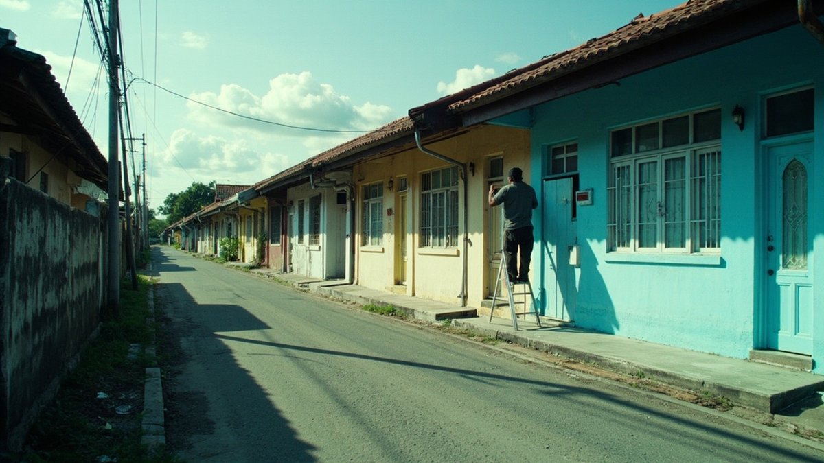 Painter repainting the facade of a single-storey 1980s terrace house in Kepong