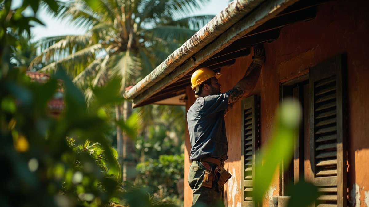 Contractor inspecting the zinc roof and gutter of an older bungalow in Klang