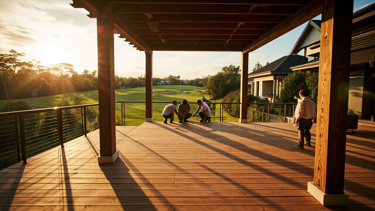 Finished timber pergola and deck at a Kota Kemuning home with workers crouching at the far edge at sunset