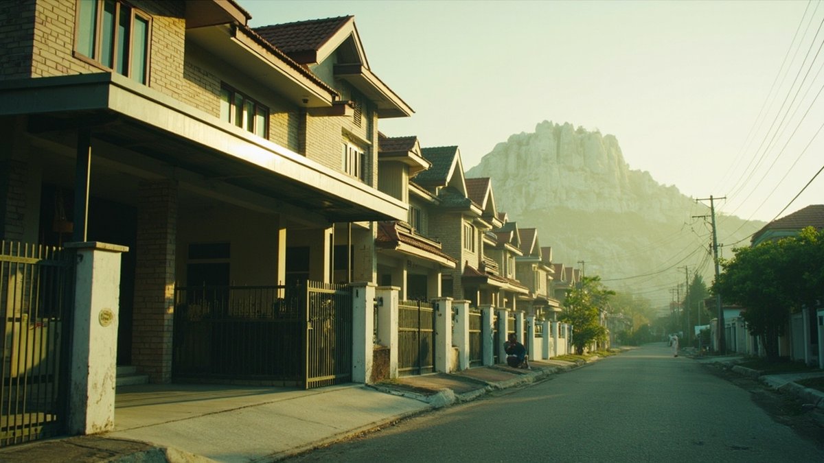 New porch awning on a 1980s double-storey terrace house with the quartz ridge behind in Melawati