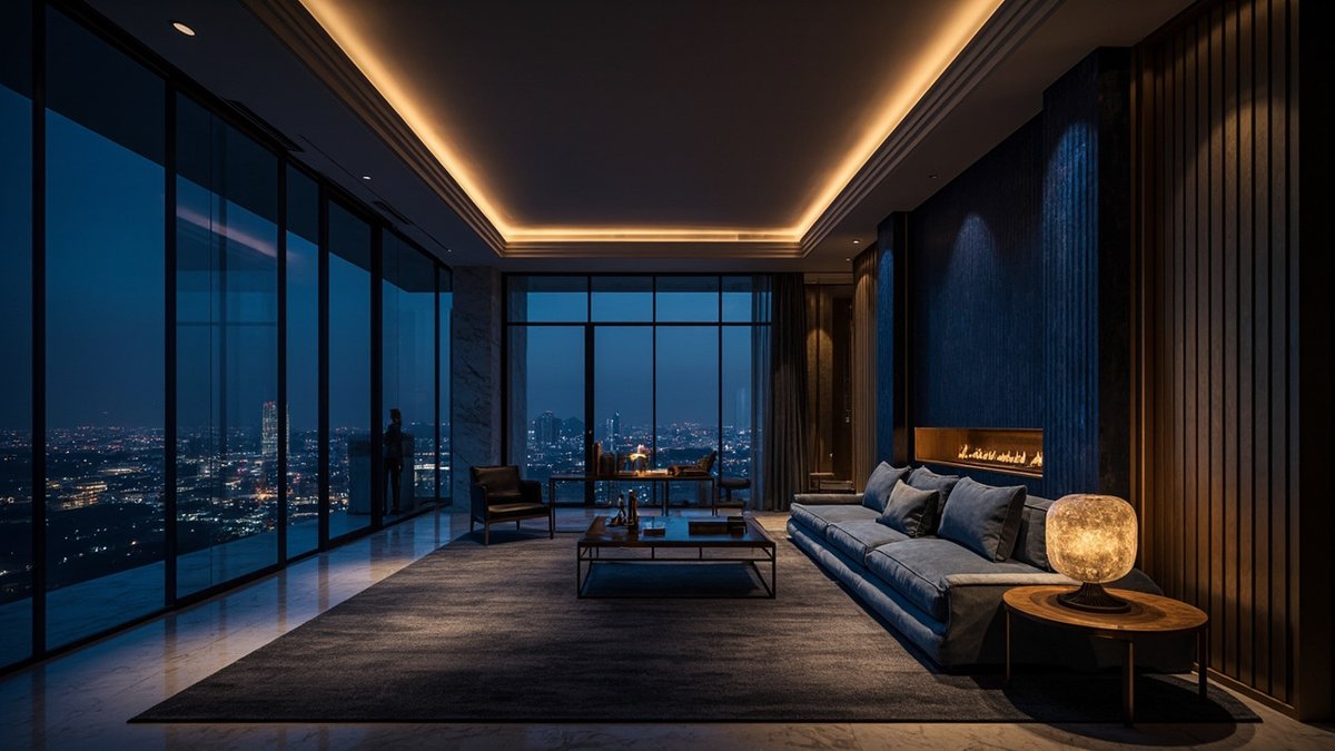 High-rise condominium living room fit-out with a night skyline view in Mont Kiara