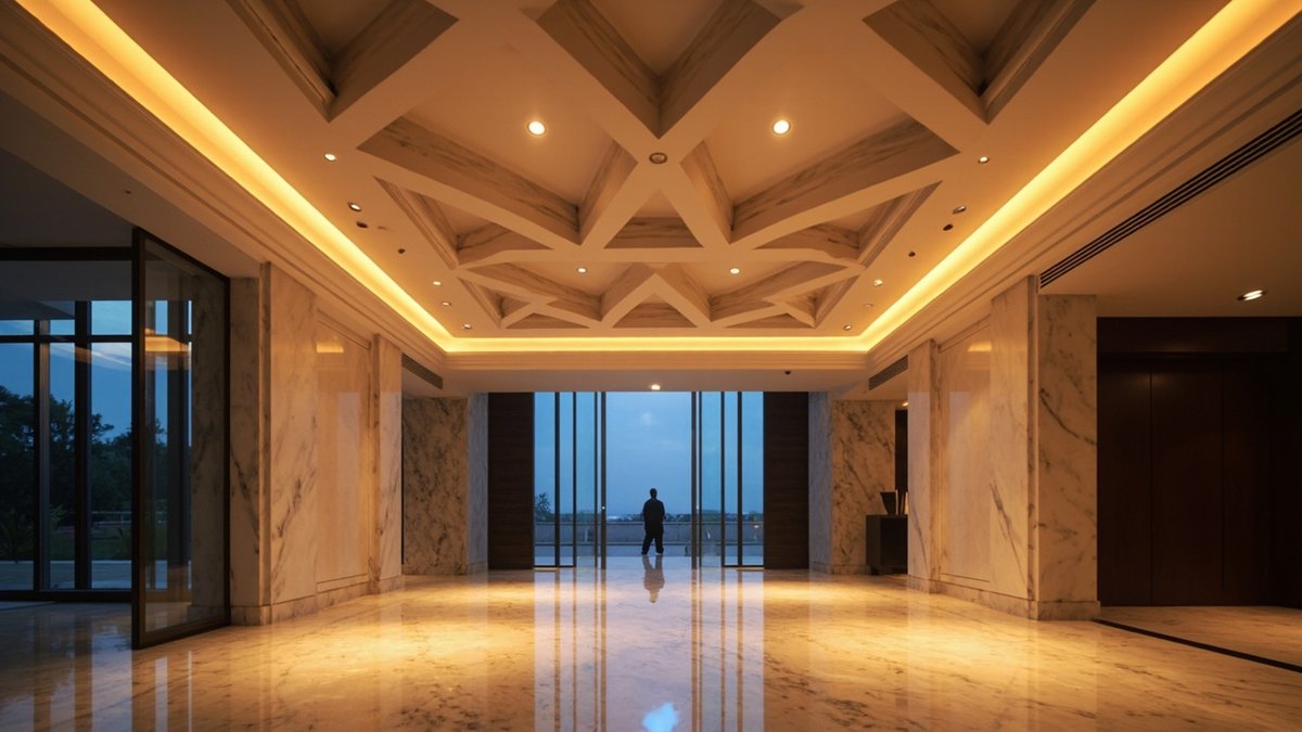 Coffered plaster ceiling with warm lighting in a bungalow living hall in Mutiara Damansara