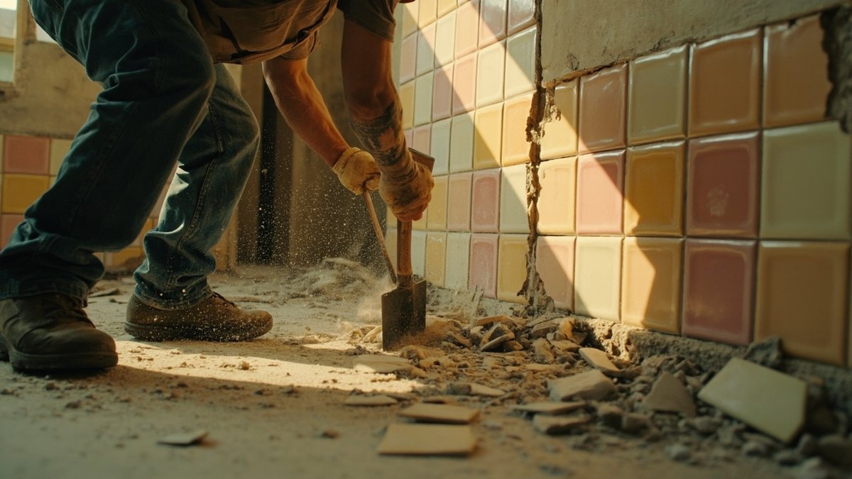 Worker hacking out old tiles in the wet kitchen of a 1980s terrace house in OUG