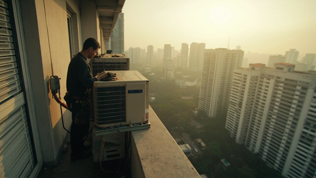 Technician mounting an aircon compressor on a condominium balcony ledge in Puchong