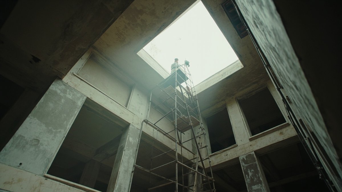 Workers installing a plaster ceiling with cove lighting in a newer link house in Putra Heights