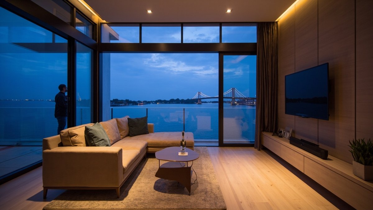 Refreshed serviced-apartment living room with a lake view at dusk in Putrajaya