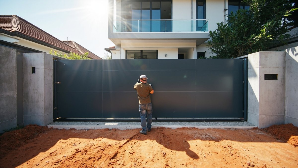 Installer fitting a sliding autogate at a newly built landed house in Semenyih