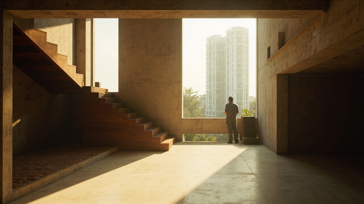 Restored pre-war terrace house interior with an open airwell and a condo tower beyond in Sentul