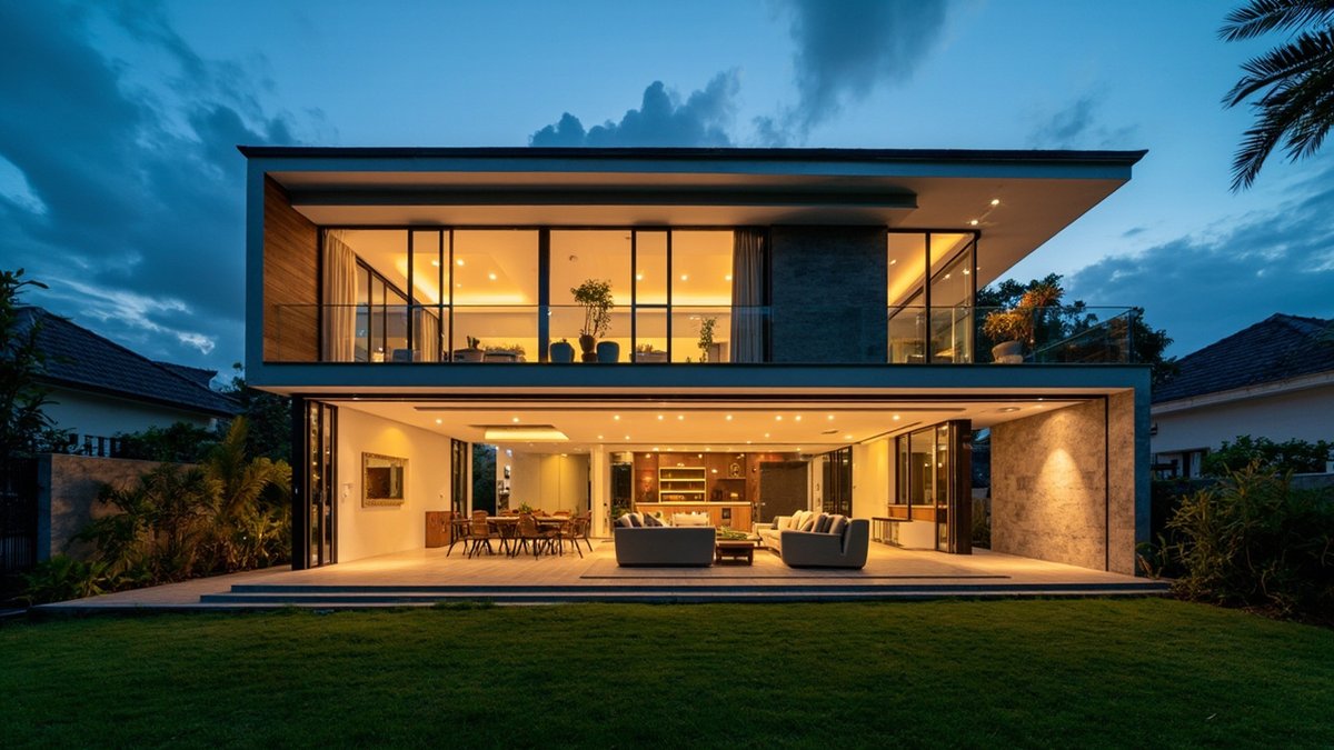 New glass sliding doors opening a superlink house living room to the garden in Setia Alam