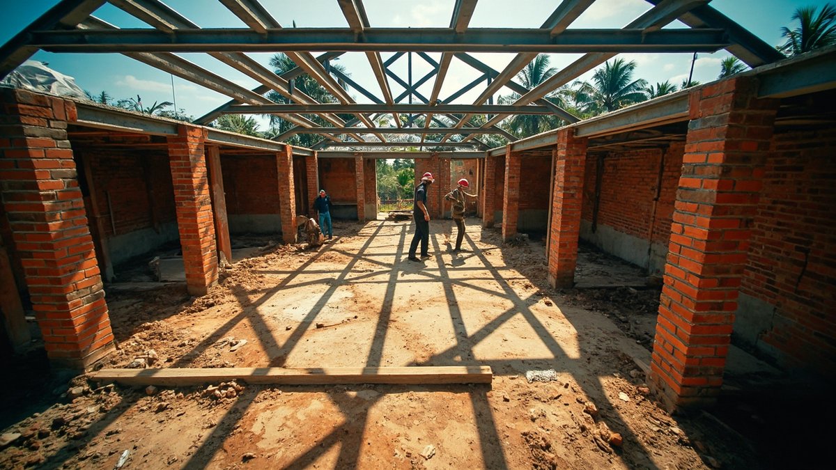 Rear kitchen extension under construction on a landed bungalow in Shah Alam