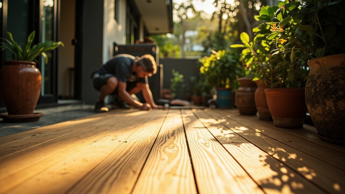 New timber decking on a low-rise townhouse balcony garden in Sri Hartamas
