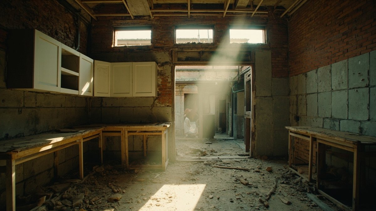 Dated wet kitchen stripped to brick for a full overhaul in a 1970s SS2 terrace house