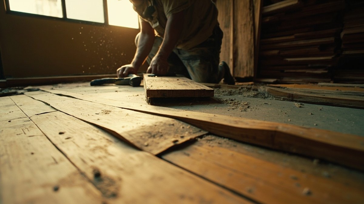 Worker removing original timber strip flooring in a 1990s mid-rise condo in Taman Desa