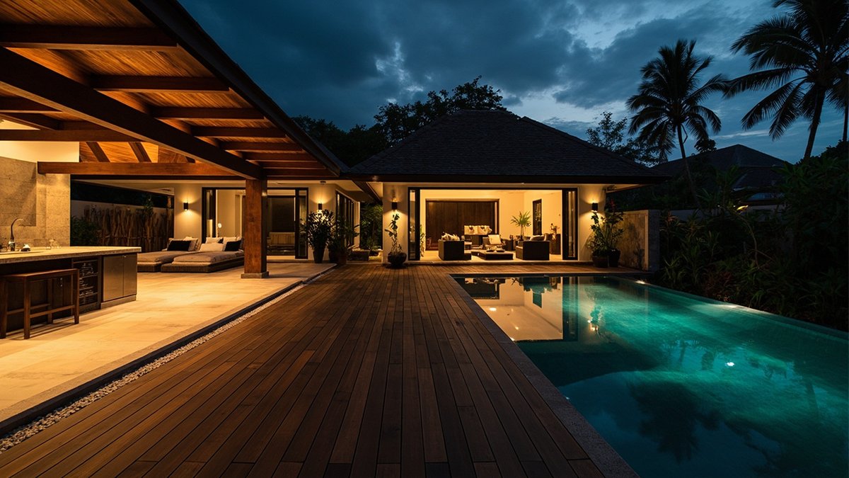 New outdoor deck and pool terrace at a gated bungalow in Tropicana at dusk