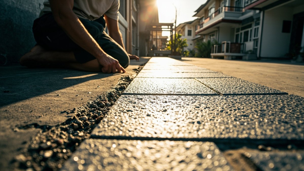 Tiler re-tiling the car porch of a double-storey terrace house in USJ