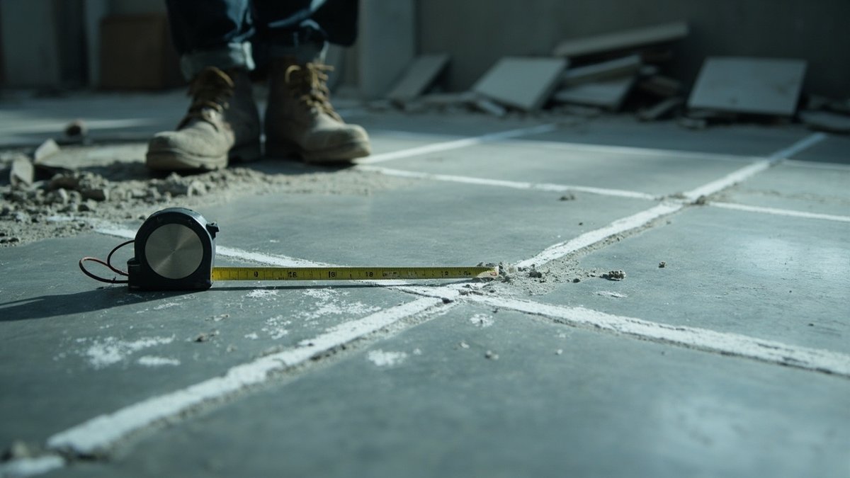 Tape measure across freshly laid tiles with chalk grid lines marked on the floor