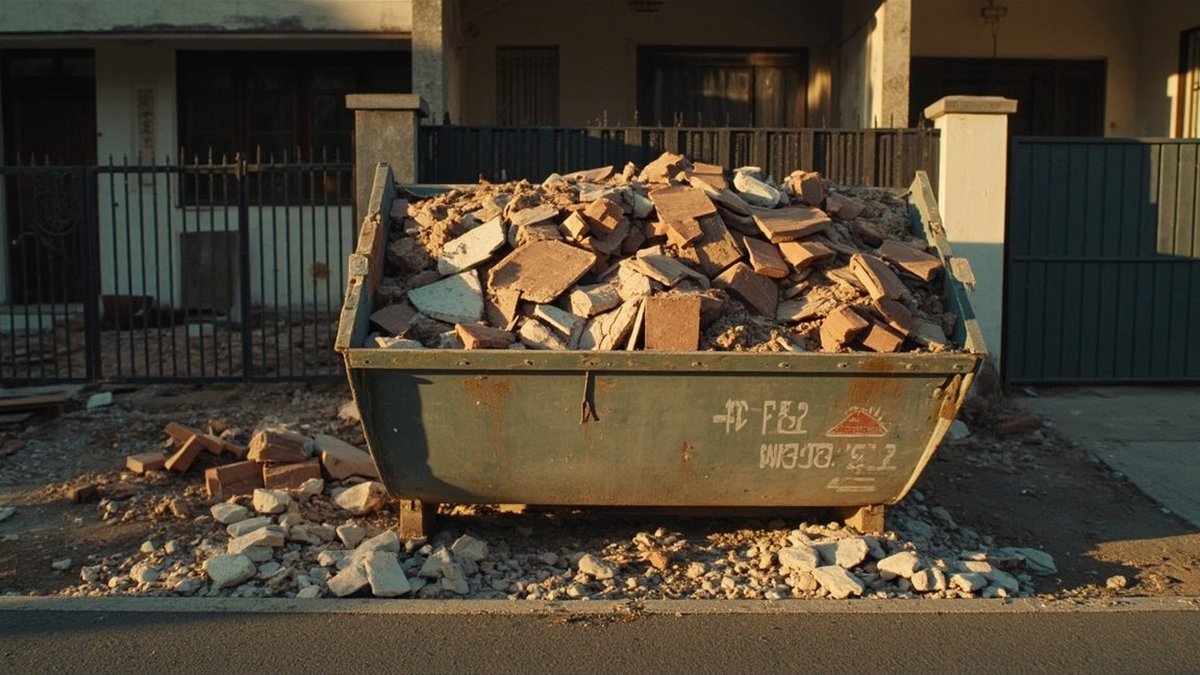 Roll-off debris bin with broken tiles and brick rubble outside a Malaysian terrace house under renovation